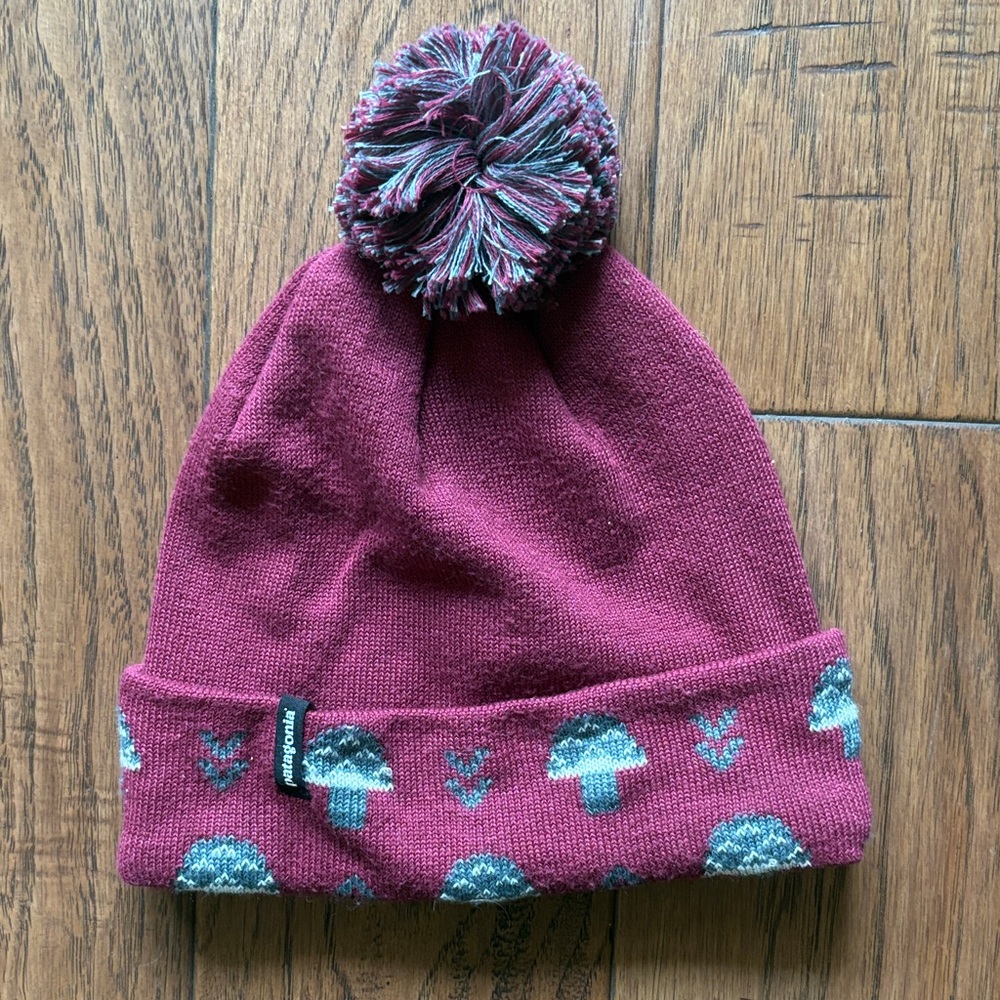 Patagonia Burgundy Pom-Pom Beanie with Mushroom Design